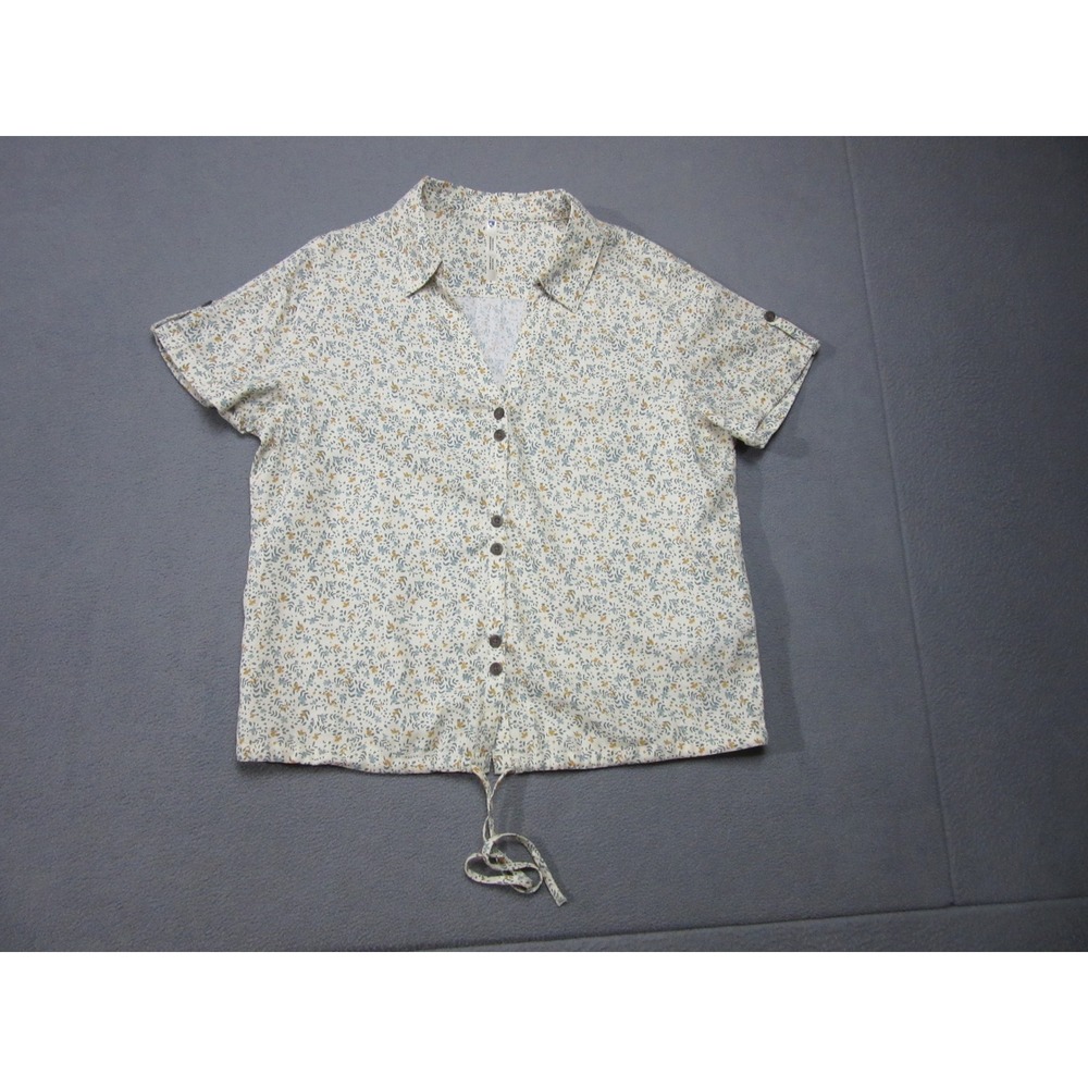 KUHL Top Womens Large White Beige Floral Short Sleeve Drawstring Hem Shirt